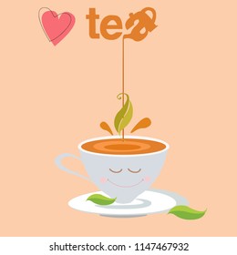 cute cartoon a cup of hot tea with tea leaf and TEA  lettering, illustration vector by freehand doodle comic art.