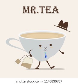 Cute cartoon a cup of hot tea by business man style,illustration vector by freehand doodle comic art.