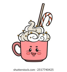 Cute cartoon cup with a large pile of whipped cream, New Year's candy and a straw color variation. Image produced without the use of any form of AI software at any stage.