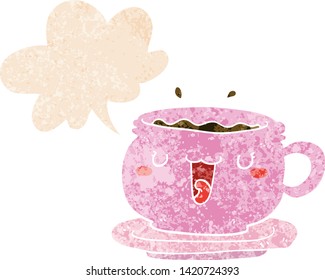 cute cartoon cup and saucer with speech bubble in grunge distressed retro textured style