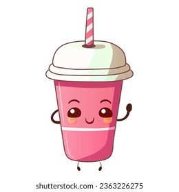 Cute cartoon cup with a straw and a lid. Pink, cardboard, plastic, smiling, blush on cheeks, fast food, drink, beverage, takeaway, container for tea or coffee, tasty, delicious