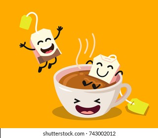 Cute cartoon cup of tea with happy tea bags on yellow background. Vector flat illustration