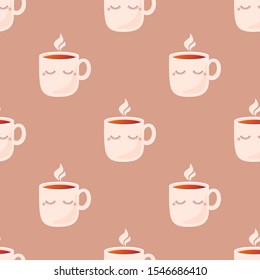 Cute cartoon cup of tea. Seamless vector illustration