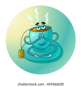 Cute cartoon cup of tea sitting on the saucer, relaxing and meditating. Vector illustration. EPS 10.