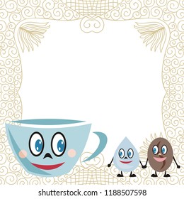 Cute cartoon cup water drop and coffee bean. Vector illustration