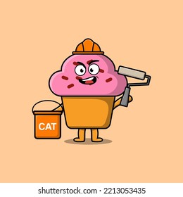 Cute cartoon Cupcake as a builder character painting in flat modern style design illustration