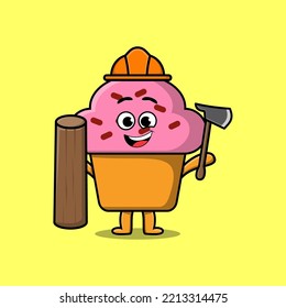 Cute Cartoon Cupcake As Carpenter Character With Ax And Wood In Flat Modern Style