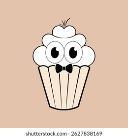 Cute cartoon cupcake character with big eyes and bow tie illustration