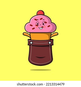 Cute cartoon Cupcake character coming out from pocket look so happy