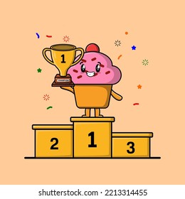 Cute cartoon Cupcake character as the first winner with happy expression in modern illustration