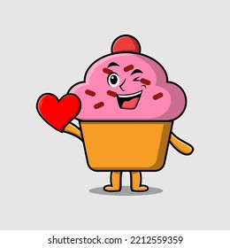 Cute cartoon Cupcake character holding big red heart in modern style design illustration