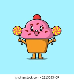 Cute cartoon Cupcake character holding lollipop candy in flat cartoon illustration