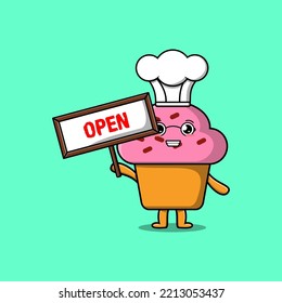Cute cartoon Cupcake character holding open sign board designs in concept flat cartoon style