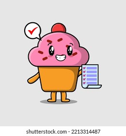 Cute cartoon Cupcake character holding checklist note in concept flat cartoon style