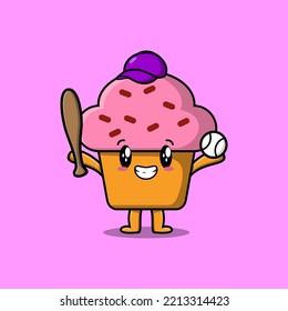 Cute cartoon Cupcake character playing baseball in modern style design