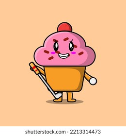 Cute cartoon Cupcake character playing golf in concept flat cartoon style illustration