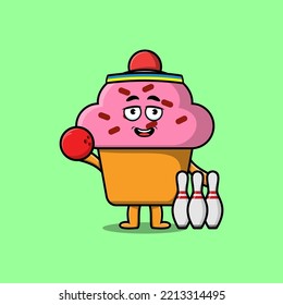 Cute cartoon Cupcake character playing bowling in flat modern style design illustration