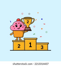 Cute cartoon Cupcake character as the second winner with happy expression in modern illustration