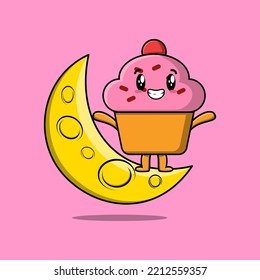 Cute cartoon Cupcake character standing on the crescent moon in 3d modern design illustration