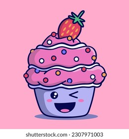 Cute cartoon cupcake character with strawberry. Vector Illustration.