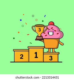 Cute cartoon Cupcake character as the third winner with happy expression in modern illustration