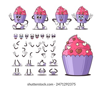 Cute Cartoon Cupcake Characters Set With Various Facial Expressions, Arm And Leg Positions. Animation Constructor