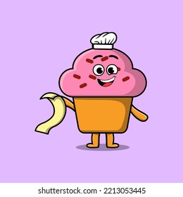 Cute cartoon Cupcake chef character with menu in hand cute style design illustration