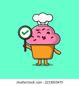 Caricatura corta El personaje del chef del Cupcake sostiene el tablero de anuncios correcto en la ilustración del carácter vector