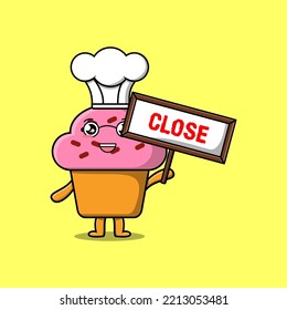 Cute cartoon Cupcake chef character holding close sign board designs in flat cartoon style