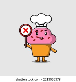 cute cartoon Cupcake chef holding wrong sign board in vector character illustration