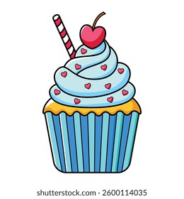 Cute Cartoon Cupcake with Cherry and Hearts Illustration