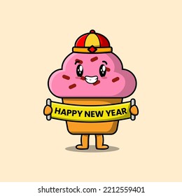 Cute cartoon Cupcake chinese character holding happy new year board illustration