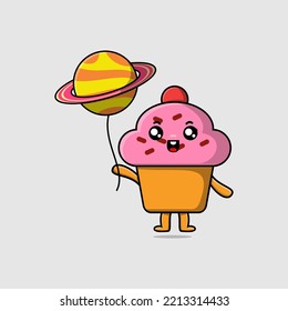Cute cartoon Cupcake floating with planet balloon cartoon vector illustration