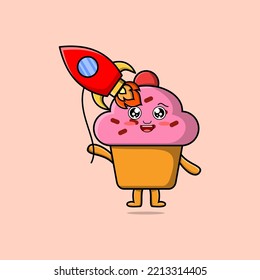Cute Cartoon Cupcake mit Raketenballon-Cartoon, Vektorgrafik