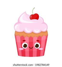 Cute cartoon cupcake with funny face. Sweet dessert food emoji. Smiling muffing vector illustration