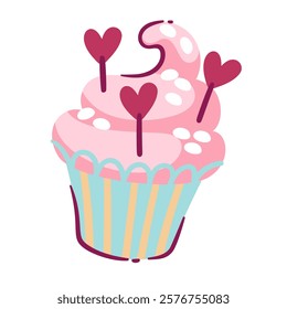 Cute cartoon cupcake with hearts, candy and pink cream swirl. Funny romantic sweet muffin for happy love gift. Valentines day dessert, bakery mascot, cartoon cupcake present vector illustration