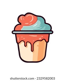 Cute cartoon cupcake icon with chocolate icing icon isolated