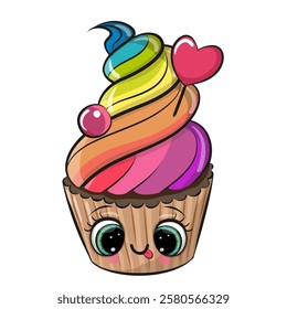 Cute cartoon cupcake with large eyes isolated on a white background