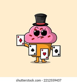 Cute cartoon Cupcake magician character playing magic cards in flat cartoon style illustration