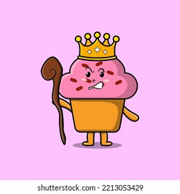 Cute cartoon Cupcake mascot as wise king with golden crown and wooden stick illustration