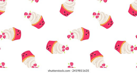 Cute cartoon cupcake with raspberry on white. Seamless pattern repeating texture background design. For fashion graphics, textile prints, fabrics. Vector illustration