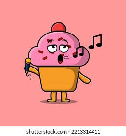 Cute cartoon Cupcake singer character holding mic in flat modern style design