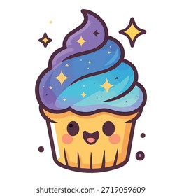 A cute cartoon cupcake with a smiling face and galaxy-themed frosting decorated with stars and sparkles.