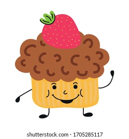 Cute cartoon cupcake with strawberry. Vector illustration
