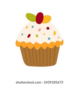 Cute cartoon cupcake. Sweet dessert for kids cards, baby shower, invitation, poster. Vector stock illustration in childish style