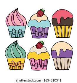 Cute cartoon cupcakes hand drawn. Color vector illustration.