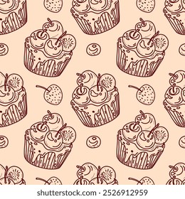 Cute cartoon cupcakes with seamless pattern. Hand-drawn sweets.