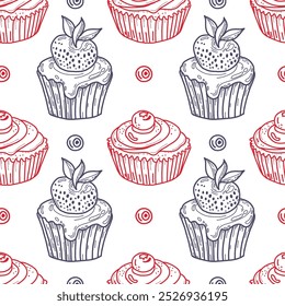 Cupcakes lindos de la historieta con el modelo inconsútil. Dulces dibujados a mano.