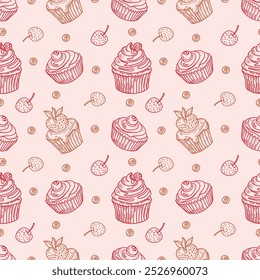 Cupcakes lindos de la historieta con el modelo inconsútil. Dulces dibujados a mano.