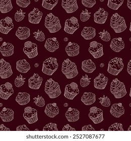 Cute cartoon cupcakes with seamless pattern. Hand-drawn sweets.